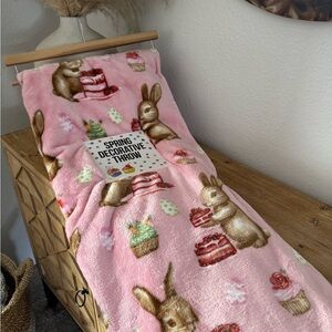 Pink Easter Throw Blanket with Bunnies,Cupcakes,Strawberry Cake and Easter Eggs